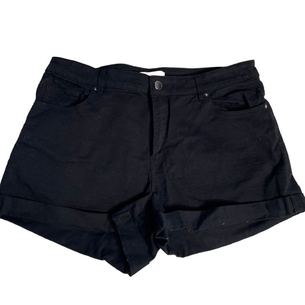 HM Black High Rise Denim Shorts Women Size 12 Cuffed Hem Zip Up Pockets 0603582